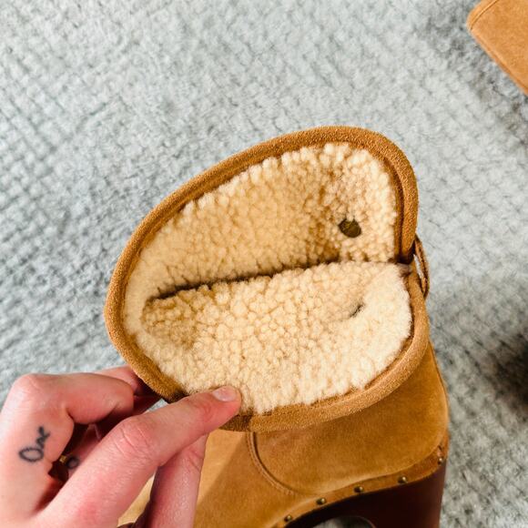 UGG Australia vtg y2k Lynnea Chestnut Brown Studded Wood Clog Sherpa Lined Boot - Picture 6 of 7
